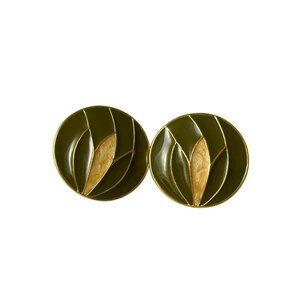 Vintage Allison Reed Green Gold Tone Enamel Earrings Signed Modernist Leaf